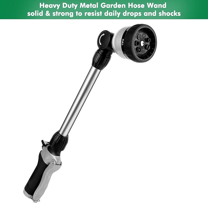 RESTMO Metal Watering Wand Heavy Duty Garden Hose Wand with 180° Swivel Ratcheting Head 16'' Hose Nozzle Sprayer with 7 Spray Patterns and Flow Control for Water Hanging Baskets and Shrubs Black