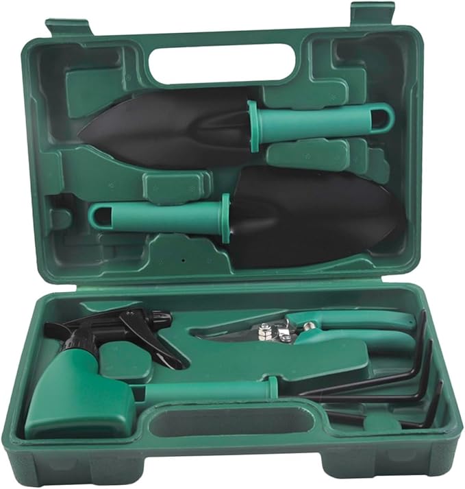 HEMOTON Garden Tool Set with Stainless Steel Shovel Rake Pruner 5pcs Portable Hand Tools for Outdoor Planting and Flower Gardening with Carry Case