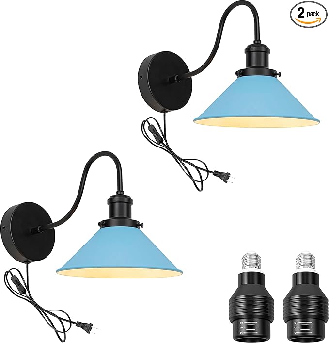 2-Pack Hook Mounted Plant Light Full Spectrum 4500K 10W Adjusted Light Beam Range 15°-60° Vintage Blue Cone Shade Goose Neck Wall Lamp for Indoor Plants Flowers Growing