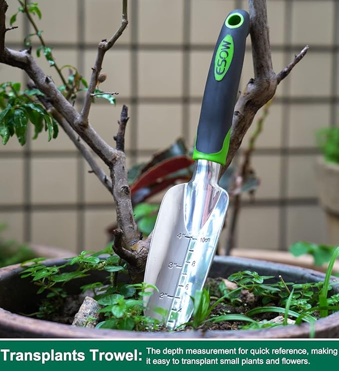 ESOW Garden Tool Set 3 Piece Cast-Aluminum Heavy Duty Gardening Kit Includes Hand Trowel Transplant Trowel and Cultivator Hand Rake with Soft Rubberized Non-Slip Ergonomic Handle Garden Gifts