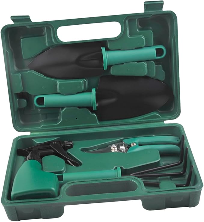 FRCOLOR 5pcs Portable Gardening Tool Set with Steel Shovel Rake and Pruning Shears in Carrying Case for Outdoor Planting and Garden Maintenance