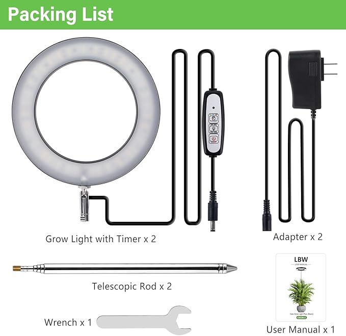 LBW Plant Grow Light 72 LEDs Full Spectrum Grow Lights for Indoor Plants Plant Lamp with 4 Dimmable Levels 4/8/12H Timer 10.4”-59”Height Adjustable Halo Plant Lamp for Tall Plants Black 2 Pack