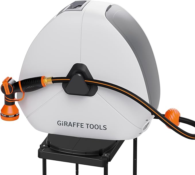 Giraffe Tools Retractable Hose Reel with 1/2 Inch x 100FT Heavy Duty Ground Mount Garden Hose Reel Automatic Rewindwith 9-Function Sprayer Nozzle &amp Flexible Swivel Base