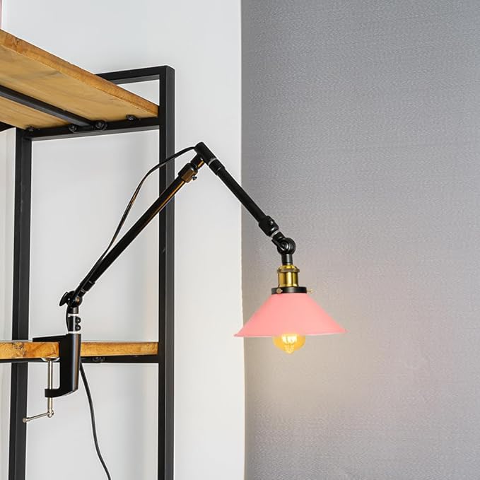 Clip Mount Plant Growing Stand Socket Light E26 Base 15Ft Timer Switch Cord Adjustable Length Pink Shade for Indoor Desk Or Shelf Plants(No Bulb)