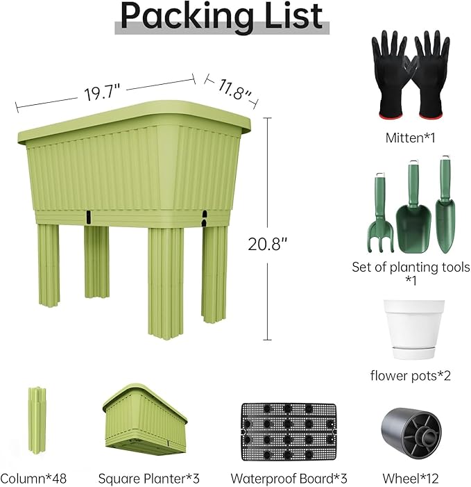 3 Pack Garden Planter Box with Transparent Window Outdoor Large Flower Box with Reinforced Support Rods Dual-Channel Drainage System for Vegetables Flowers and Herbs