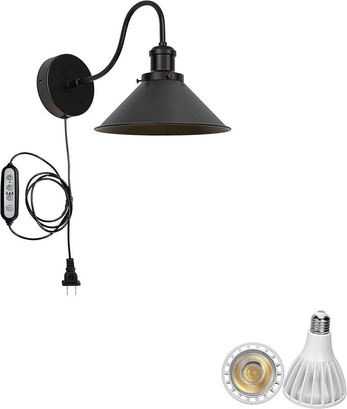 Hook Mounted Plant Light Full Spectrum 6000K 25W White Light Timing Plug in Cord Vintage Cone Shade Goose Neck Black Wall Lamp for Indoor Plants Flowers Growing
