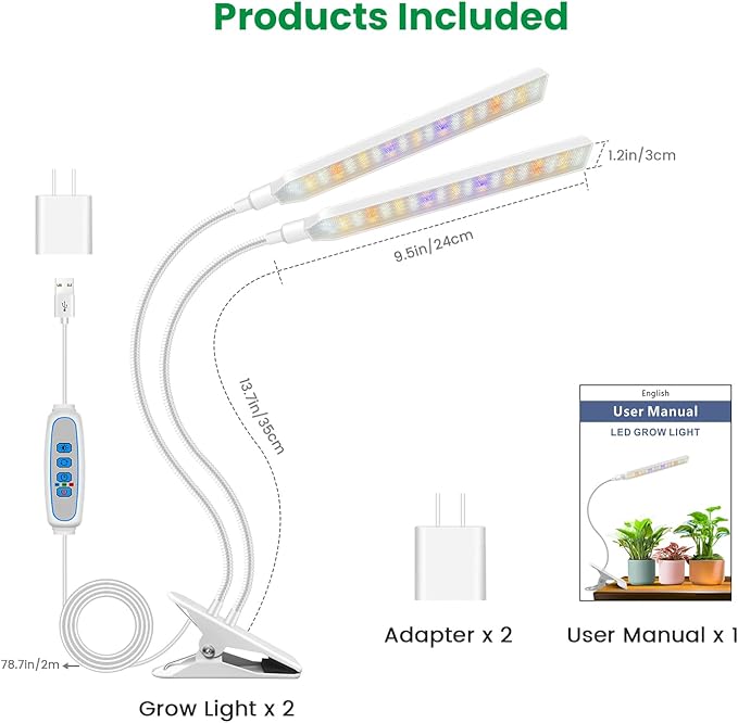 Grow Light Clip on 2 Pack 228 LED Grow Lights for Indoor Plants Full Spectrum 2 Head White Arm Grow Lamp with Gooseneck 6/12/16H Timer 5 Dimming 3 Light Mode