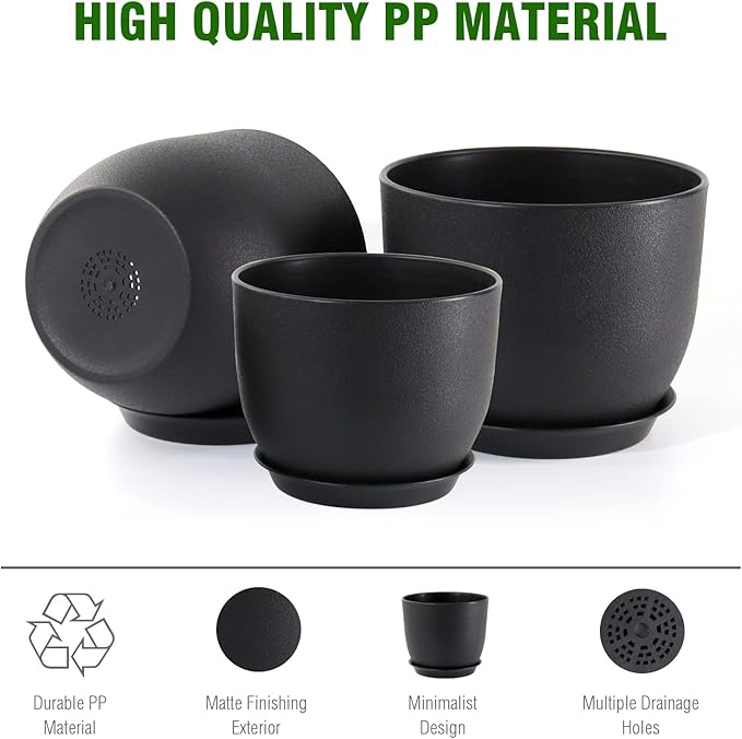 WOUSIWER Plant Pots 10/9/8 inch Set of 3 Modern Decorative Plastic Planters with Drainage Holes and Saucers for House Plants Indoor Flowers Plants Black