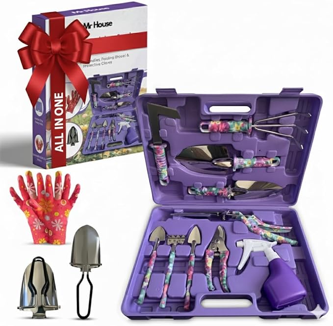 12-Piece Gardening Tools Set – Rust-Resistant Stainless Steel Hand Tools with Ergonomic Floral Handles &amp Carry Case Includes Folding Shovel &amp Gloves – Perfect Gardening Kit for Women &amp Be