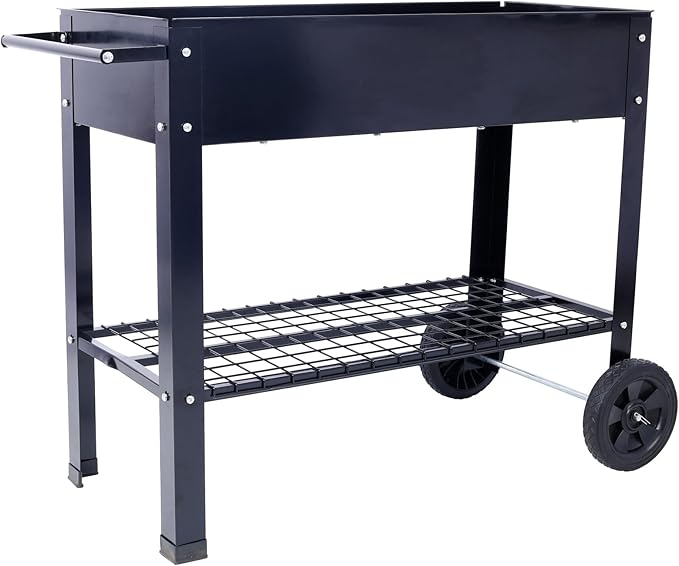 Elevated Mobile Raised Ergonomic Metal Planter Garden Bed for Backyard Patio w/Wheels Lower Shelf Black