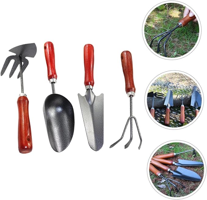 VALICLUD 4pcs Garden Hand Tool Set with Extended Narrow Spade 3-Prong Cultivator Dual-use Hoe and Rake and Soil Scoop for Planting and Weeding in Small Planters