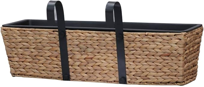 Rectangular Water Hyacinth Planter Set of 2 Brown &amp Black Woven Design Steel Frame Indoor Plant Pots with Removable Liners 23.6x23.6x7.1 inch for Living Room Decor