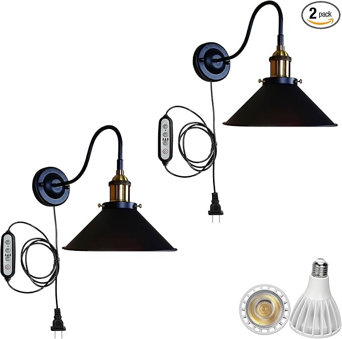 2-Pack Hook Mounted Plant Light Full Spectrum 6000K 25W White Light Timing Plug in Cord Wall Lamp Industrial Style for Flowers Growing Indoor Plants