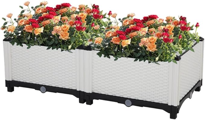 Elevated Planters Raised Garden Beds Plastic Vegetables Plant Raised Bed Kits Set of 2 Flowers Vegetables Growing Box with Legs &amp Drainage Holes for Garden Patio Balcony Restaurant White