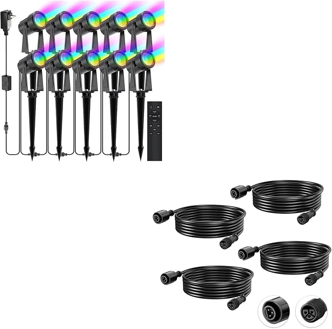 SUNTHIN 10 Pack RGBW Landscape Lighting with RemoteBundle with 4pcs 6.5FT Extension Cord 3-Pin