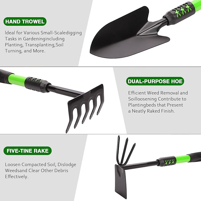 Garden Tool Set 3 Pack Gardening Tools Stainless Steel Heavy Duty Hand Cultivator Hoes Shovel for Planting Weeding Digging Gardening Gifts for Women Green