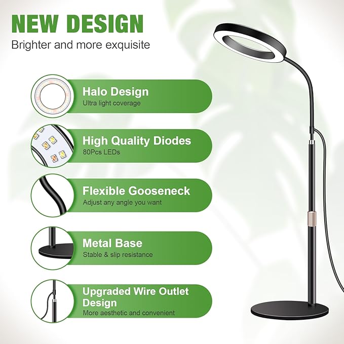 Garpsen Grow Lights for Indoor Plants 80 LEDs Full Spectrum Desk Plant Light with Timer for 6H/12H/16H 5 Dimmable Levels &amp Flexible Gooseneck 6000K Grow Lamp with Base Height Adjustable 16.5-25