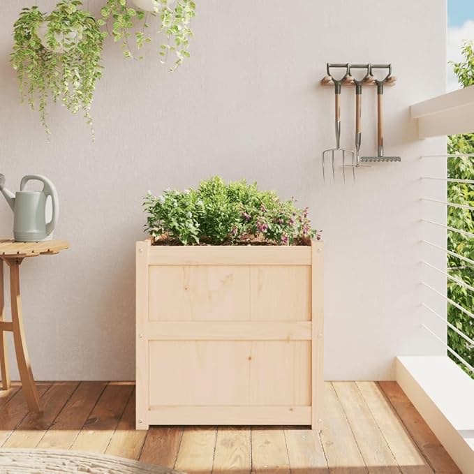 Natural Solid Pine Wood Garden Planter 23.6 Inch Square Outdoor Raised Garden Bed Rustic Finish Plant Container for Patio Balcony Deck Durable Wooden Planter Box