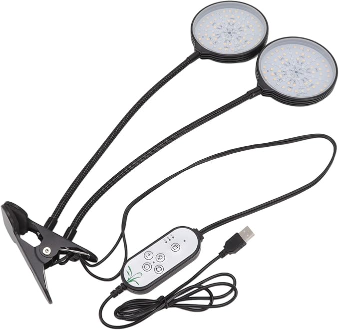 LED Plant Grow Light Dual Growing Lamp 5 Dimmable Levels Clip on Base 360 Degree USB Powered with Timer for Indoor
