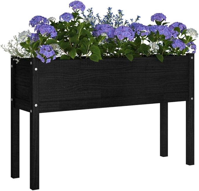 Large Outdoor Planter Set of 2 Black Solid Pinewood Raised Garden Bed 43.3x12.2x27.6 Inch Rectangular Planters for Outdoor Plants Gardening