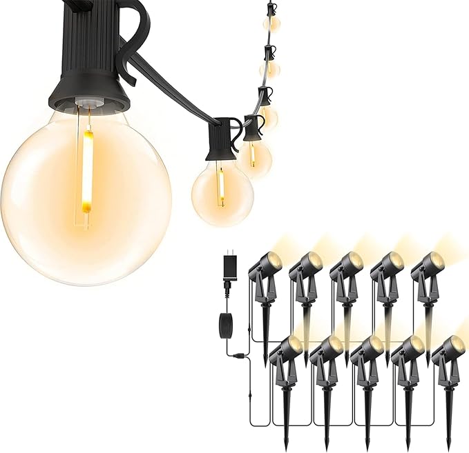 Svater Landscape Lighting Low Voltage 10 Pack Outdoor Spotlights with Transformer + Patio Light 120 FT with 63 Shatterproof LED Bulbs