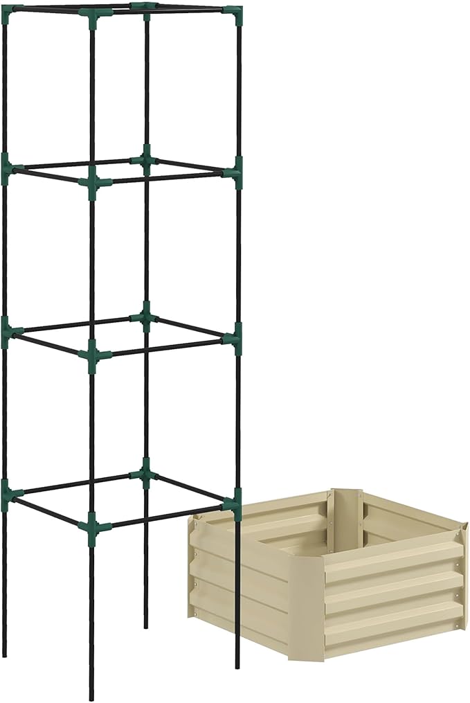 Outsunny Galvanized Raised Garden Bed 73.5 Tall Outdoor Planter Box with Trellis Tomato Cage and Open Bottom for Climbing Vines Vegetables Flowers in Backyard Garden Patio Cream
