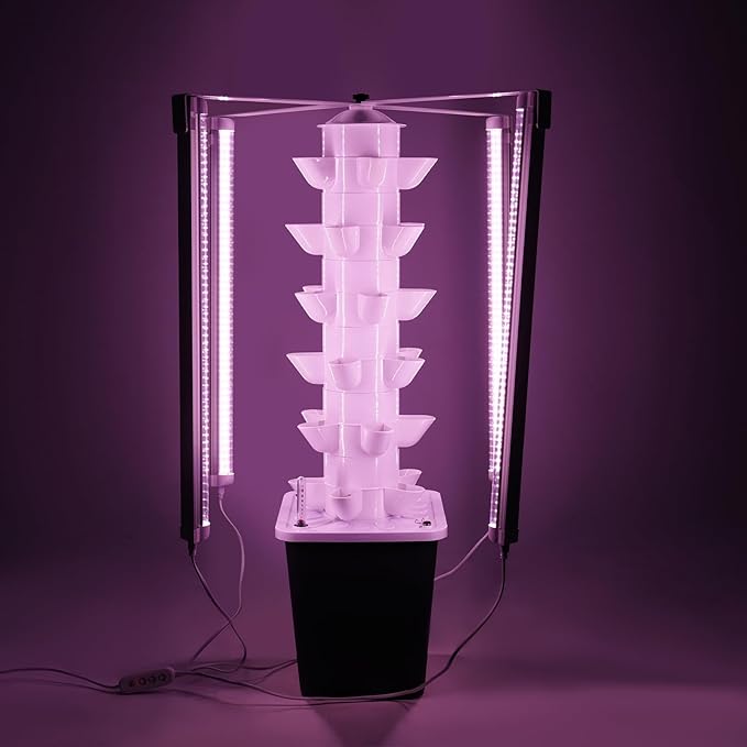 Garden Hydroponic Growing System Vertical Tower 30 Pods 6 Tier Gardening System with 4 LED Grow Lights Self-Watering 2.64Gal Indoor Vertical Garden Planter for Herbs Vegetables (White+Black)