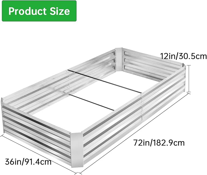 Garden Bed Galvanized Garden Bed 6x3x1 ft Raised Garden Bed with Metal Pole Reinforcement for Flower Planters Vegetables and Herbs (Silver)