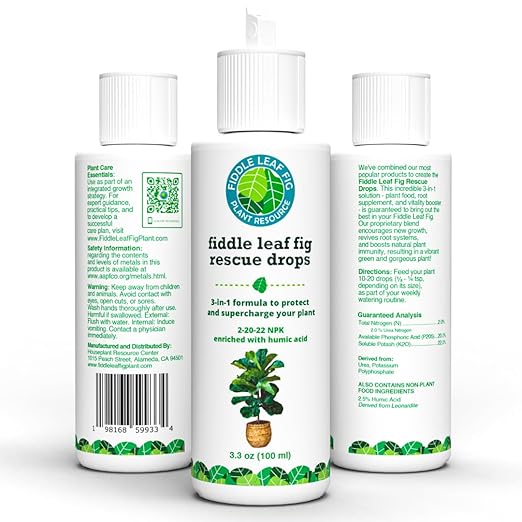 Fiddle Leaf Fig Rescue Drops – Treats Root Rot Brown Spots Leaf Drop &amp Stress | Immune Boosting Liquid Formula Concentrate | Easy to Use | Safe for All Tropical Plants | 3.3 oz | Made in USA