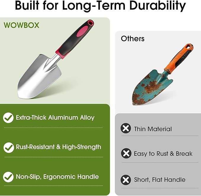 WOWBOX Garden Tools Set - 10 PCS Heavy Duty Gardening Hand Tools Kit with Storage Tote Rust-Resistant Gardening Supplies for Planting with Non-Slip Ergonomic Handle for Women and Men (Red)