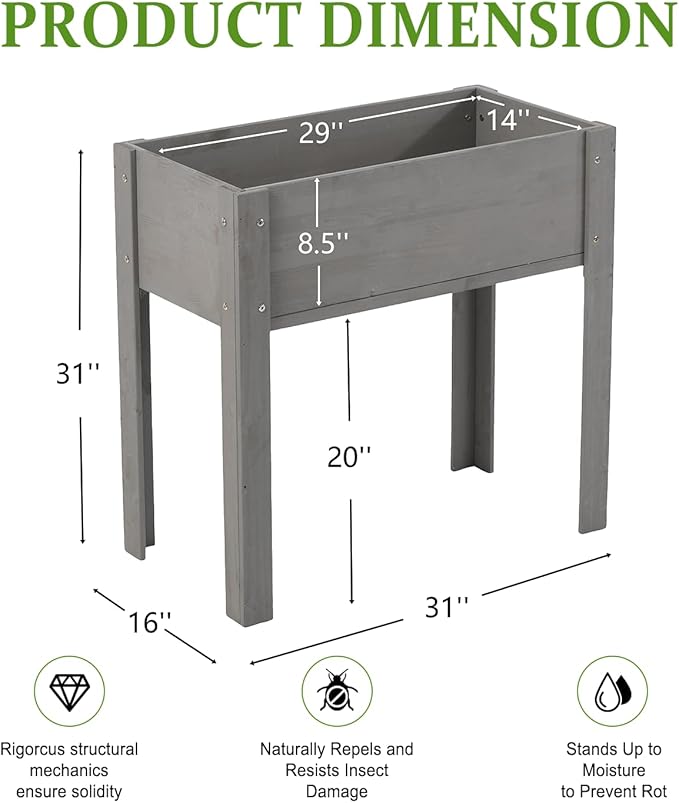 Raised Garden Bed with Legs 48x24x30 in Planter Boxes Outdoor Elevated Wooden Planter Box Standing Growing Bed for Gardening Backyard Patio and Balcony (Grey 31x16x30)