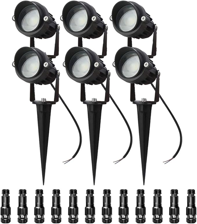 Low Voltage Landscape Lights Outdoor LED Landscape Lighting with Connectors 5W 500LM Focusing Lens Spotlights24V AC/DC 3000K Warm White Waterproof IP65 Pathway Garden Yard Lights 6PACK