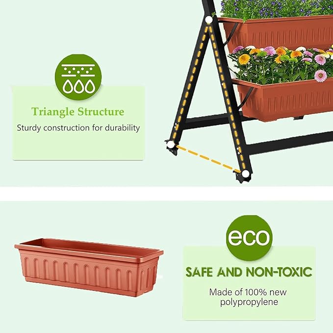 Homdox 2 Pack Elevated Garden Bed 5-Tier Freestanding Vertical Raised Bed for Gardening 5 Garden Planter Boxes and 5 Hooks Perfect to Grow Vegetables Herbs Flowers Outdoor Indoor Brick Red