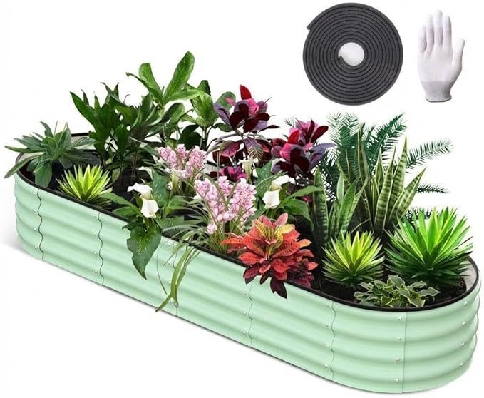PeakPursuit Galvanized Raised Garden Bed 8x2x1 Ft Metal Raised Garden Bed Outdoor Planter Box Oval Above Ground Garden Beds for Vegetables Flowers Herbs Open Bottom Metal Planter Box