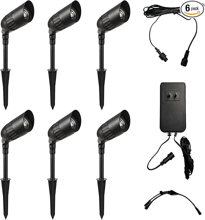 6-Pack Outdoor Low Voltage Landscape Spotlights 6×3W 200LM 3000K Warm White Dusk to Dawn IP65 Waterproof Path Lights with Transformer 60FT Cable &amp Ground Stakes