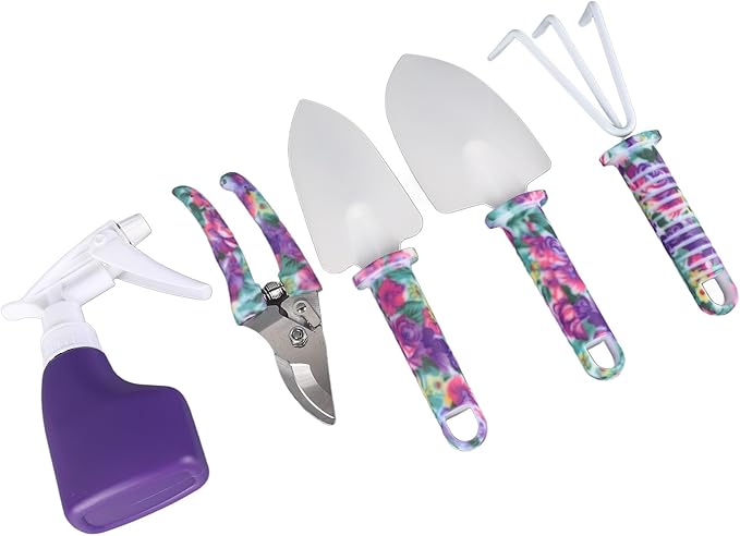 5 Pieces Garden Tool Set with Carrying Case Gardening Planting Tools with Cultivator Rake Shovels Branch Scissors Spray Can Purple