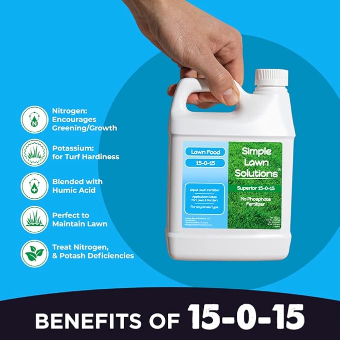 Superior 15-0-15 Liquid Fertilizer Nitrogen &amp Potash Lawn Food - Concentrated Spray- Any Grass Type- Simple Lawn Solutions Green Growth - Humic Acid - Kelp Seaweed - Phosphorus-Free (1 Quart)