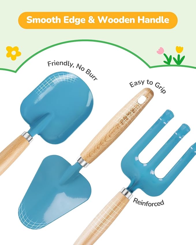 Kids Gardening Set Toys Quality Garden Tool Kit for Kids and Toddlers Includes Two Shovels Garden hatRake ApronGloves Watering Can and Tool Bag (Blue)
