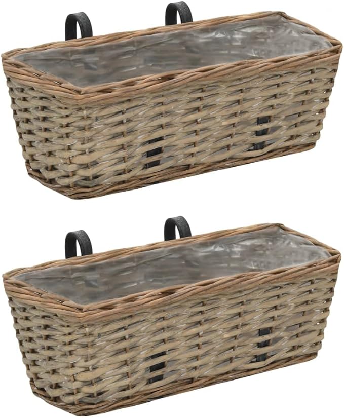 Brown Wicker Balcony Planter Set - Handmade Rustic Steel Galvanized Baskets Wire - Outdoor Raised Garden Beds Walls Fencing