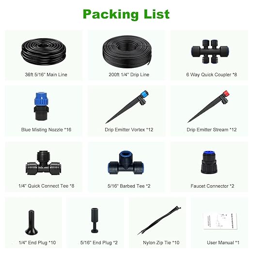 236FT Drip Irrigation System Kit New Quick-Connect Automatic Garden Watering Misting System for Greenhouse Yard Lawn Plant with 5/16 inch Hose 1/4 inch Distribution Tubing and Accessories