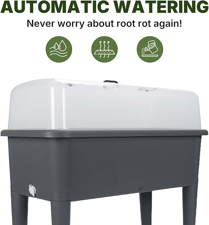 13.2 Gallon Self Watering Raised Garden Bed with or Without Transparent Ventilation Lid Greenhouse Planter Box with Legs for Indoor/Outdoor Use Ideal for Herbs &amp Vegetables (Grey with Lid)