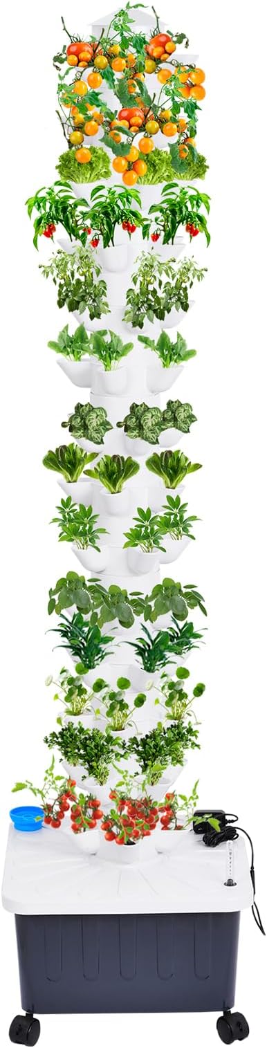 Hydroponic Grow Tower Kit 14-Layer 70 Slots Vertical Growing System with Water Tank Hydrating Pump Timer and Adapter for Indoor Outdoor Planting