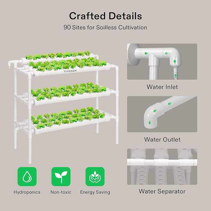 VIVOSUN Hydroponics Growing System 90 Plant Sites 3 Layers 10 Food-Grade PVC-U Pipes Hydroponic Gardening System Grow Kit with Water Pump Pump Timer Nest Basket and Sponge for Leafy Vegetables