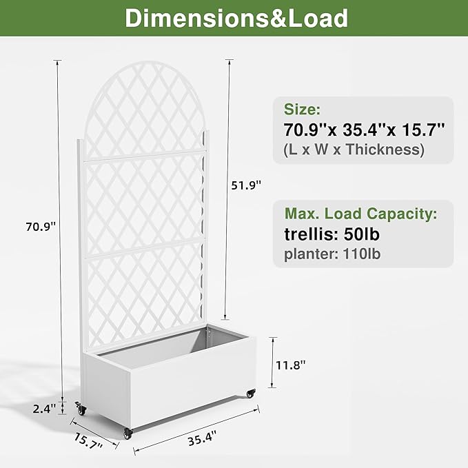 Casaphoria Metal Raised Garden Bed with Trellis and Wheels 72x35x16 Arched Planter Box for Climbing Plants Vegetables &amp Vines Features Drainage Holes and Privacy Screen (White-Rhombus)