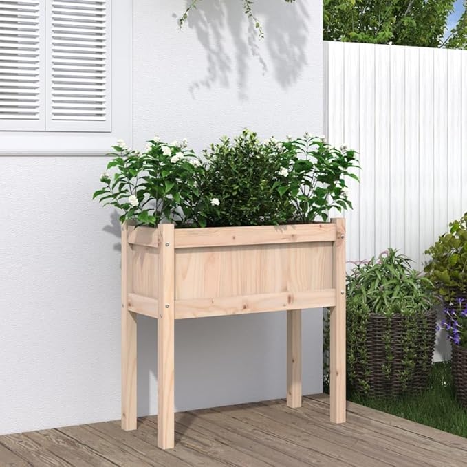 Rectangular Garden Planter Natural Solid Pine Wood 27.6x27.6x27.6 Inch Rustic Finish Outdoor Raised Garden Bed for Patio Balcony