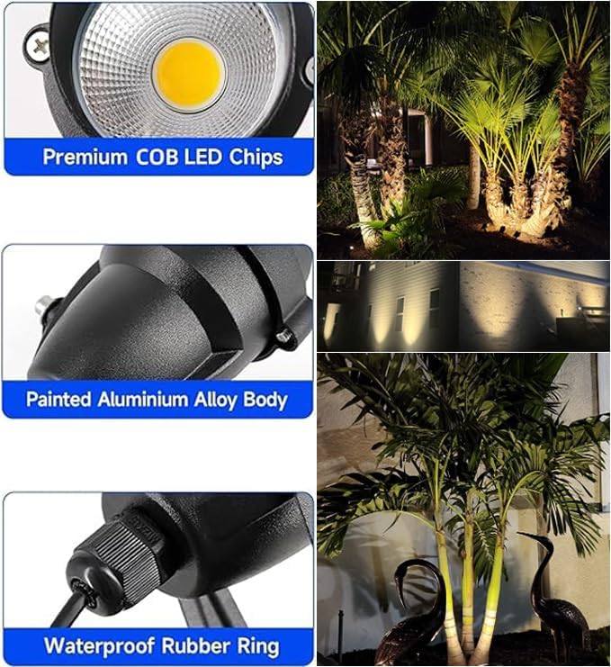 Warm White Yard Spot Lights Outdoor Spotlights 3000K 120V 10W IP65 Waterproof Metal Case Landscape Lighting Outside Uplights with Spiked Stand for House Pathway Tree Flag Front Porch 4 Lights