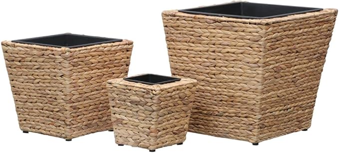 Raised Garden Bed Planter Boxes Natural Water Hyacinth &amp Steel Set of 3 Square Indoor Planters with Removable Pots Rustic Beige for Living Room Decor