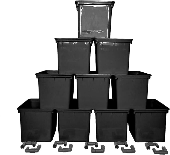 10-Pack Dutch Bucket Hydroponic System – Bato Buckets with Siphon Elbows – 11L (12 x 10 x 9) - Tan or Black (Black)