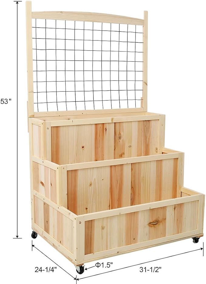 3-Tiers Raised Garden Bed Outdoor Wooden Planter Box with Wheels &amp Back Storage Area Elevated Wooden Planter Box for Flowers Vegetables Herbs Natural