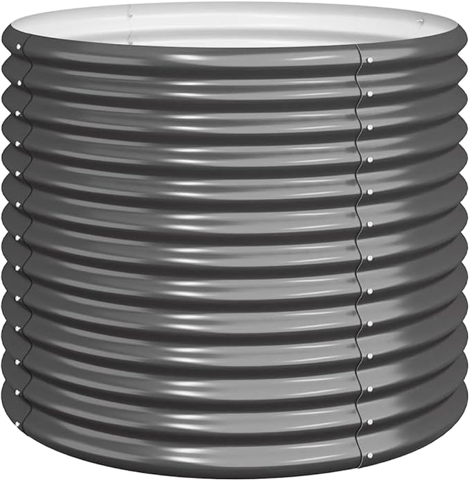 Round Raised Garden Planter 31.5 Powder-Coated Steel Anthracite Large Outdoor Container for Vegetables &amp Herbs on Patio Balcony